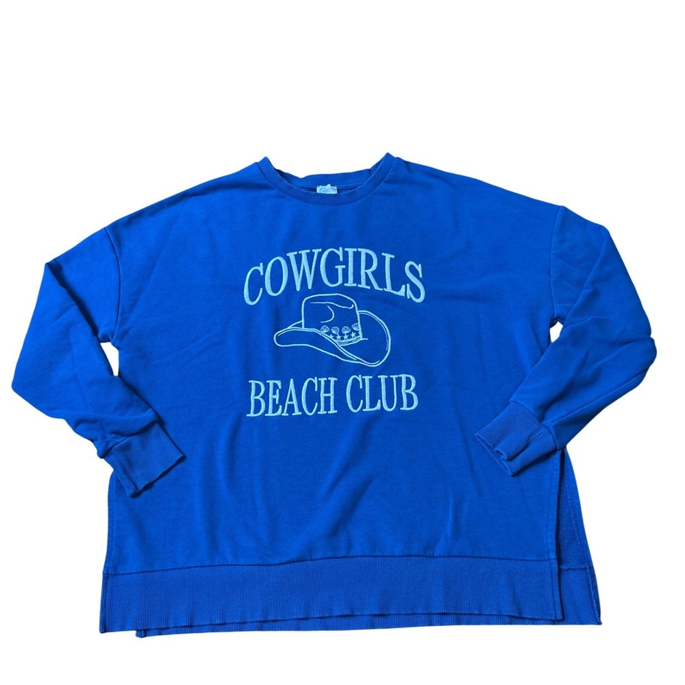Blue Rain Sweatshirt Women Blue Cowgirls Beach Club Graphic SIZE M